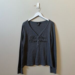 Harley Davidson women’s grey Henley long sleeve logo jewel button top